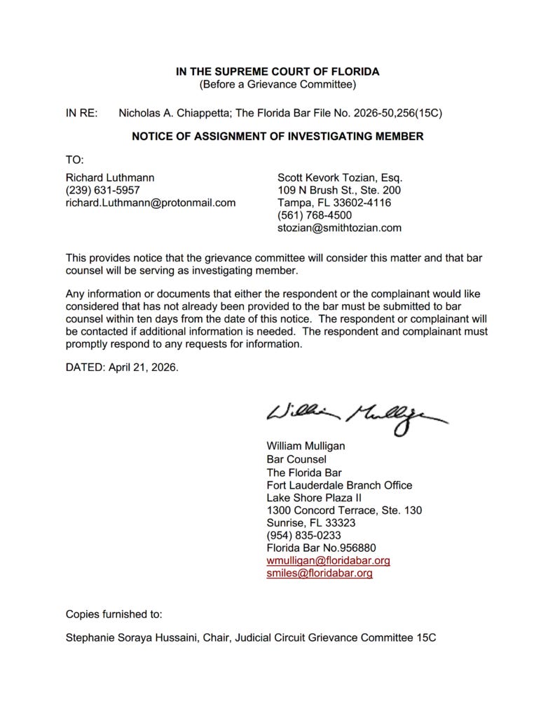 Chiappetta Grievance - Florida Bar Notice