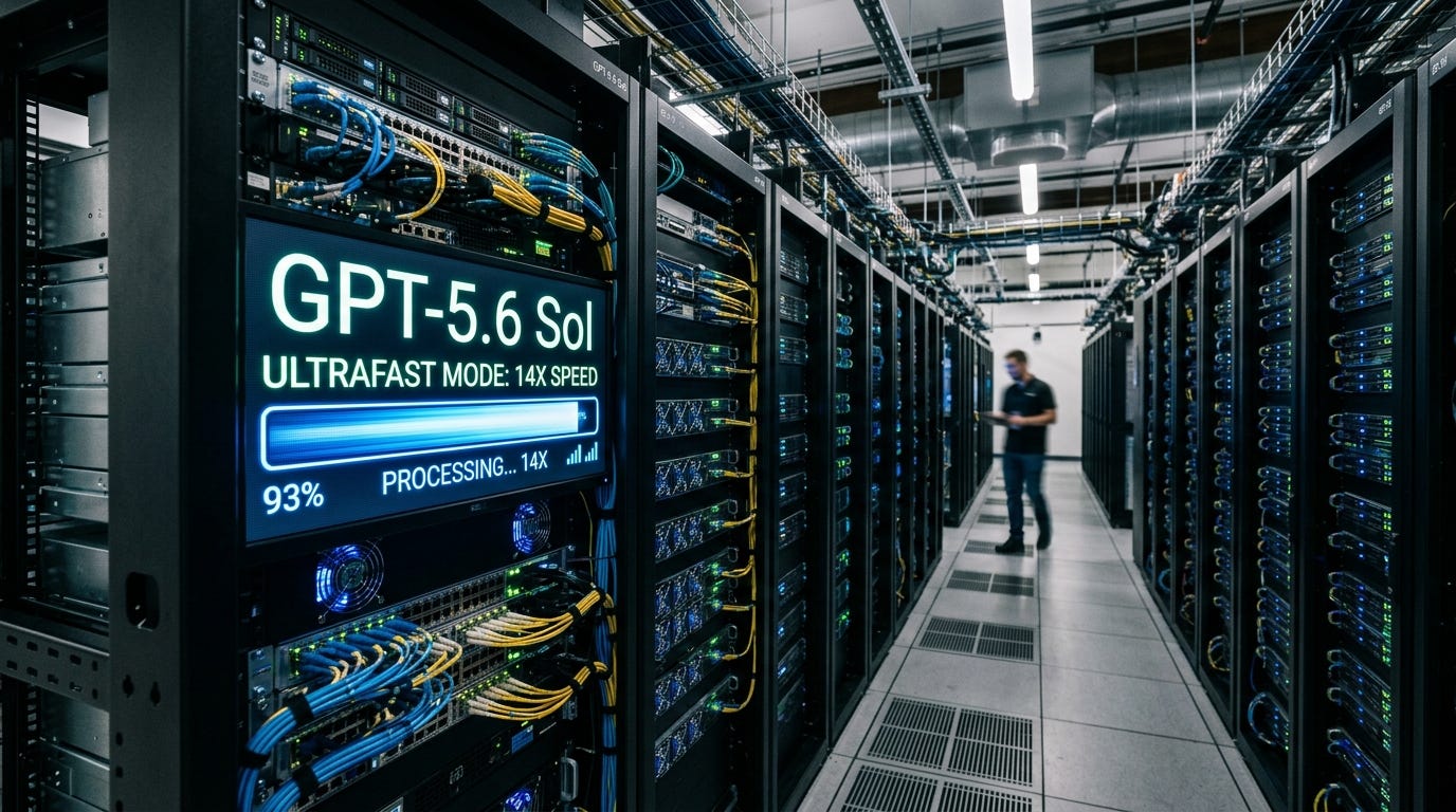 Hình ảnh thực tế hành lang trung tâm dữ liệu. Một tủ rack máy chủ lớn có màn hình kỹ thuật số phát sáng hiển thị 'GPT-5.6 Sol' và 'CHẾ ĐỘ ULTRAFAST: TỐC ĐỘ 14X' với thanh tiến trình đang di chuyển nhanh chóng.