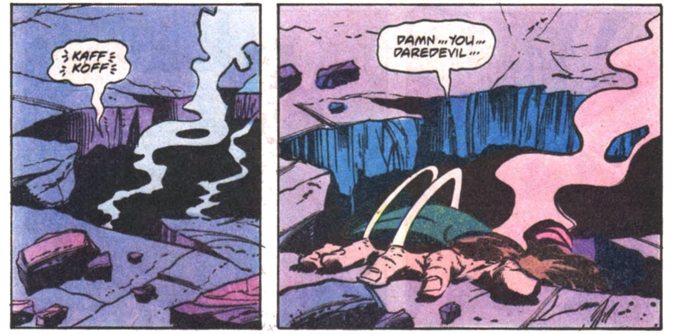 Two panels from this issue showing Hyde struggling to crawl out of a hole in the ground saying damn you Daredevil