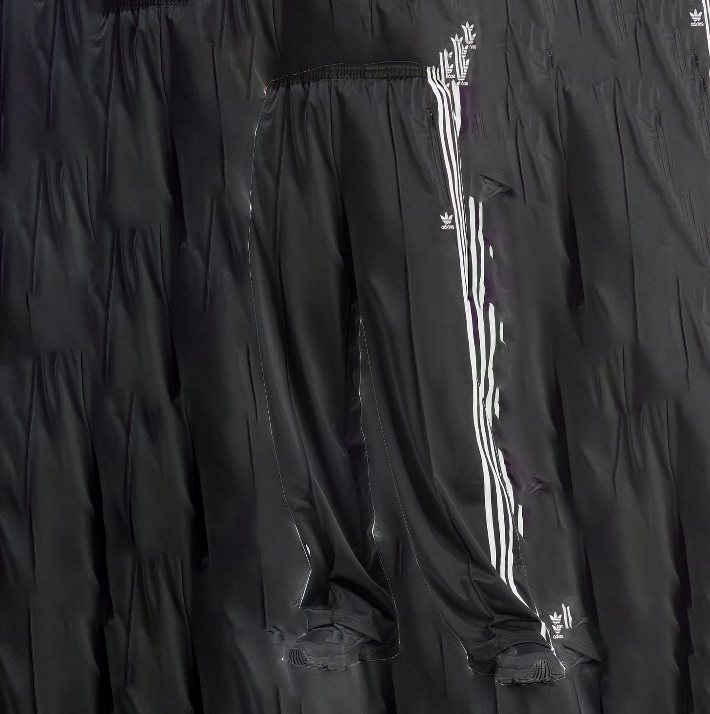 A collage featuring black Adidas sweatpants with white stripes down the sides and a pleated waistband. A collage featuring black Adidas sweatpants with white stripes down the sides and a pleated waistband.