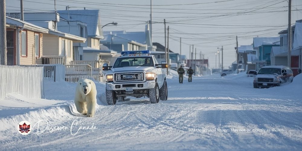 Polar Bear Alert officers patrolling Churchill Manitoba with polar bear nearby. Polar Bear Alert officers patrolling Churchill Manitoba with polar bear nearby.