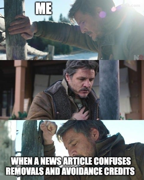 The same meme, labelled "Me" and "When a news article confuses removals and avoidance credits".