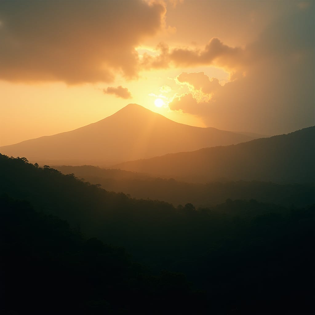 A majestic Jamaican landscape at sunset, with a misty mountain range in the background