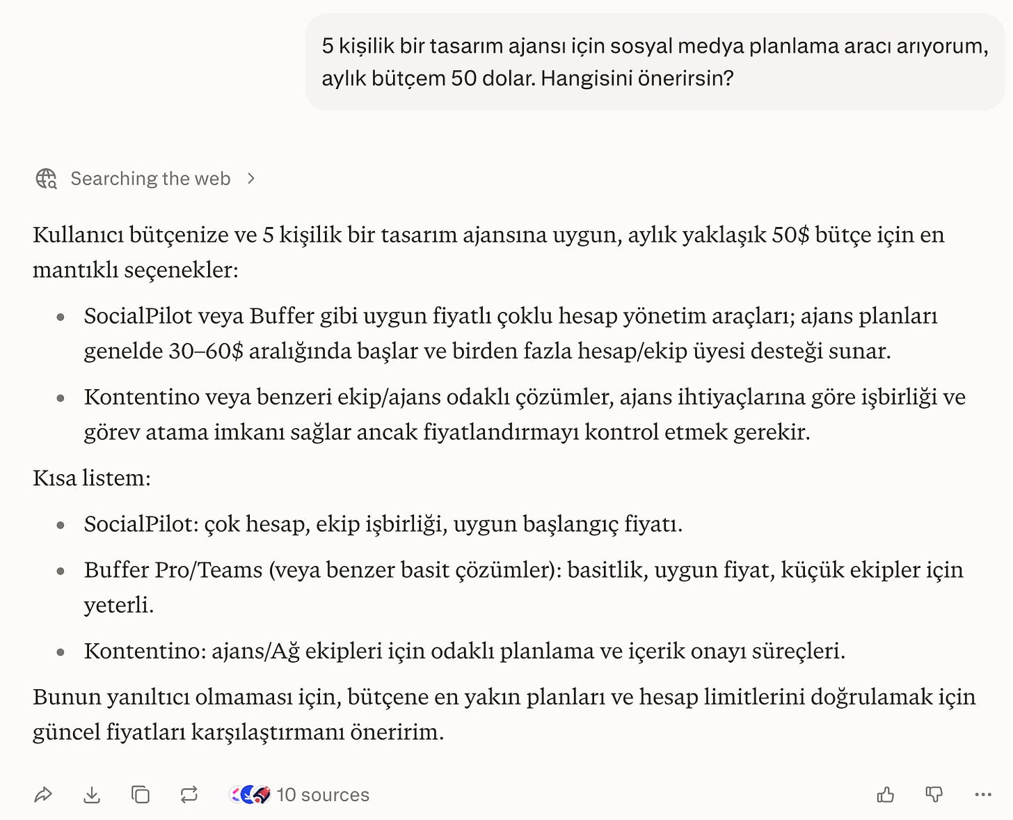 Perplexity ekranı: aynı soruya web’de arama yaptıktan sonra maddeler halinde verilmiş bir cevap ve kısa bir öneri listesi. Perplexity ekranı: aynı soruya web’de arama yaptıktan sonra maddeler halinde verilmiş bir cevap ve kısa bir öneri listesi.