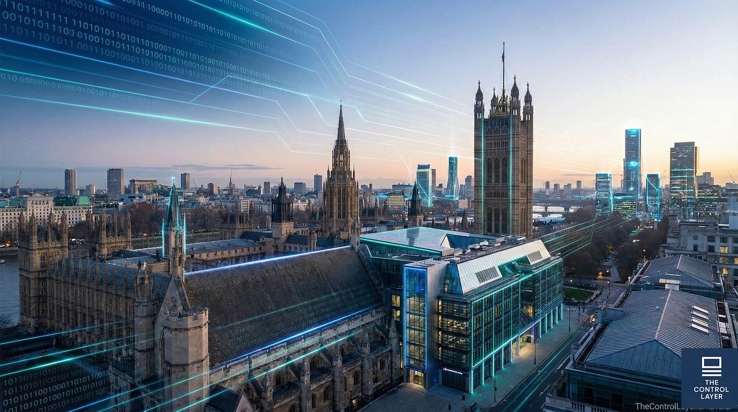 Digital network visualisation overlaying Westminster Parliament at dawn, representing cyber legislation's reach across UK infrastructure