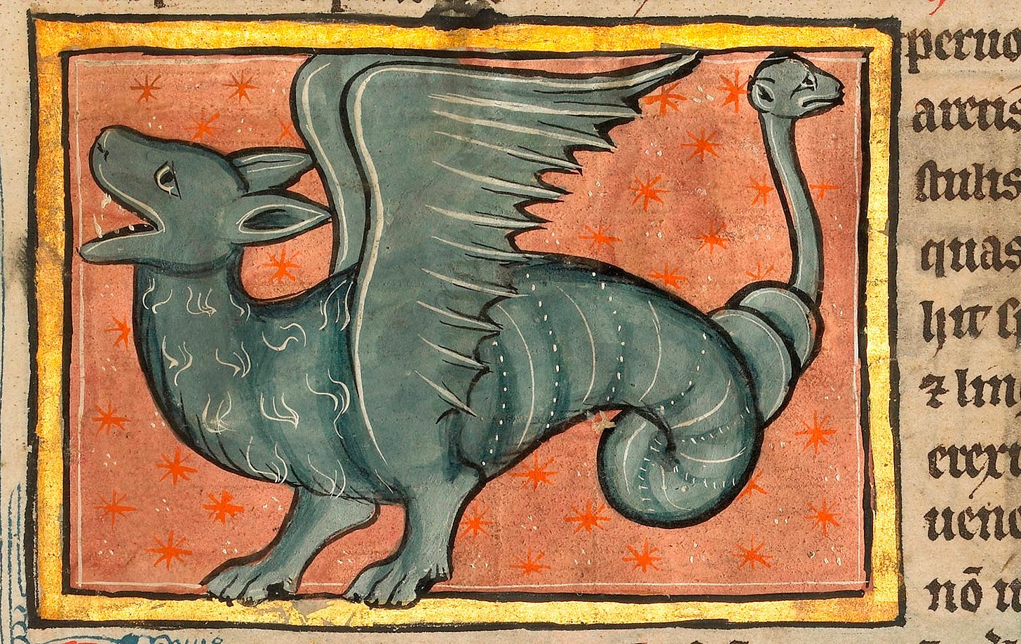 A grey, snakelike dragon looks up to the left, with large bony wings, on a reddish background