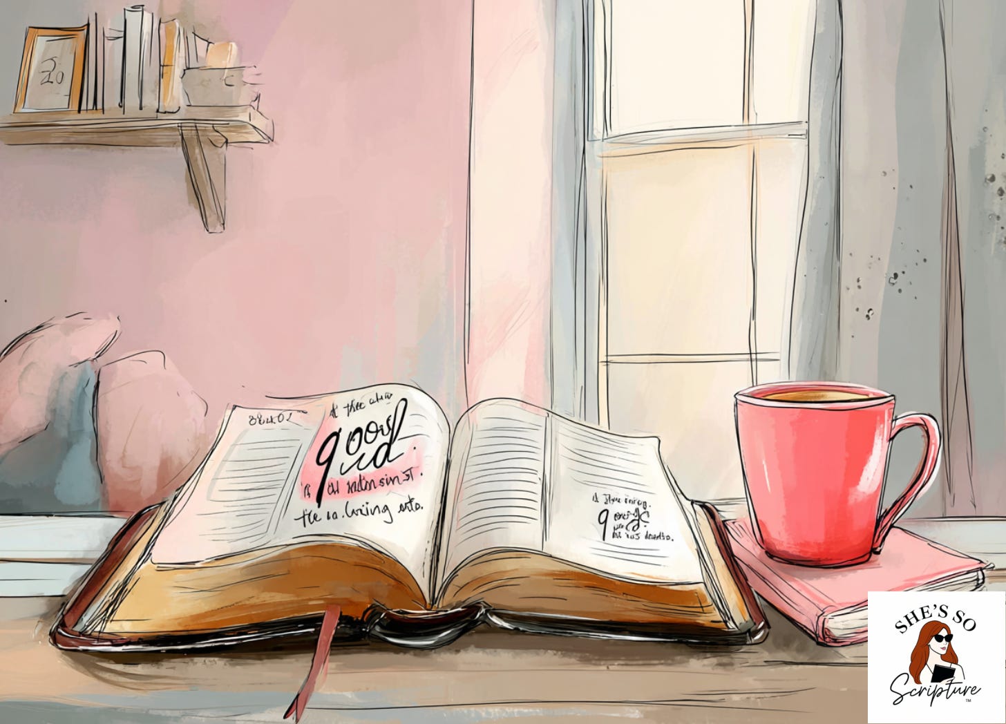 Open Bible on a sunlit desk with a coffee mug and notebook, symbolizing study and reflection on Genesis 1:1.