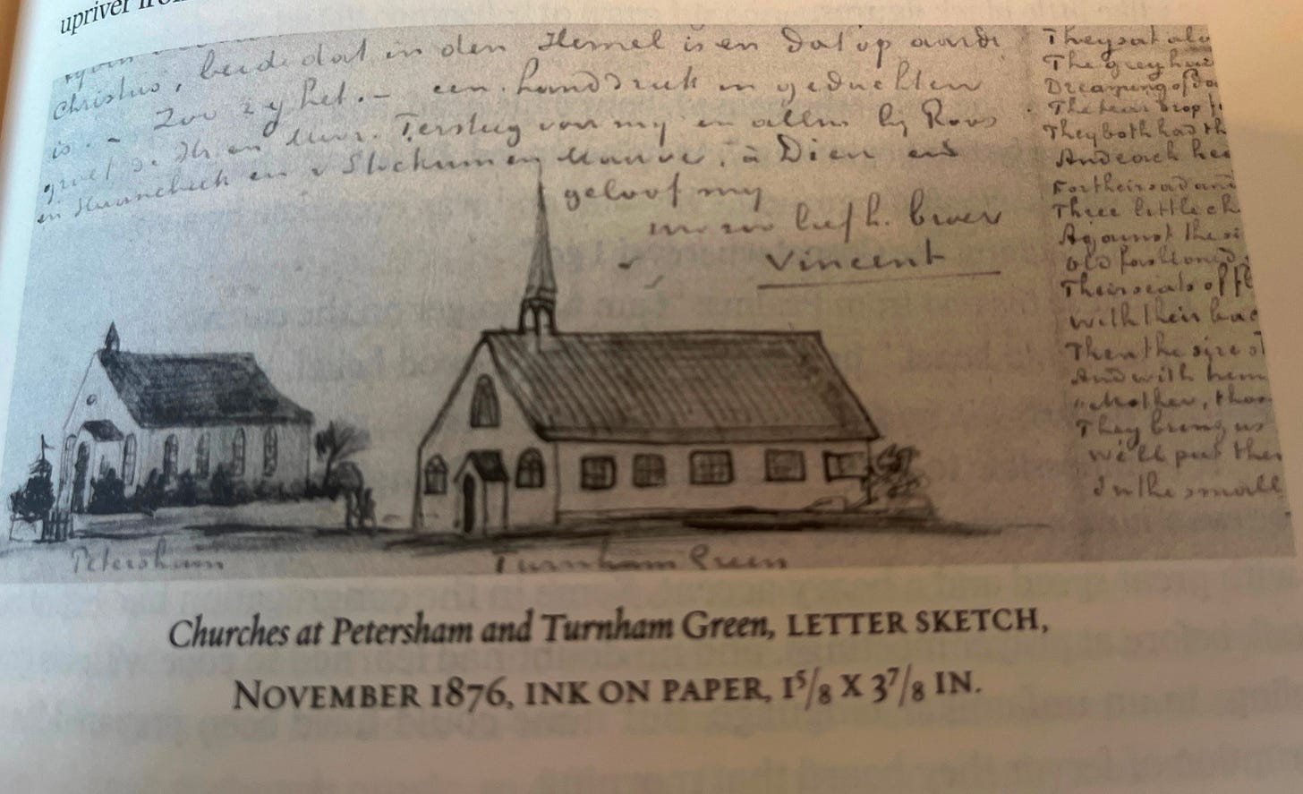 Pencil and ink sketch from a letter from Van Gogh of two churches, neither very impressive in terms of artistic ability