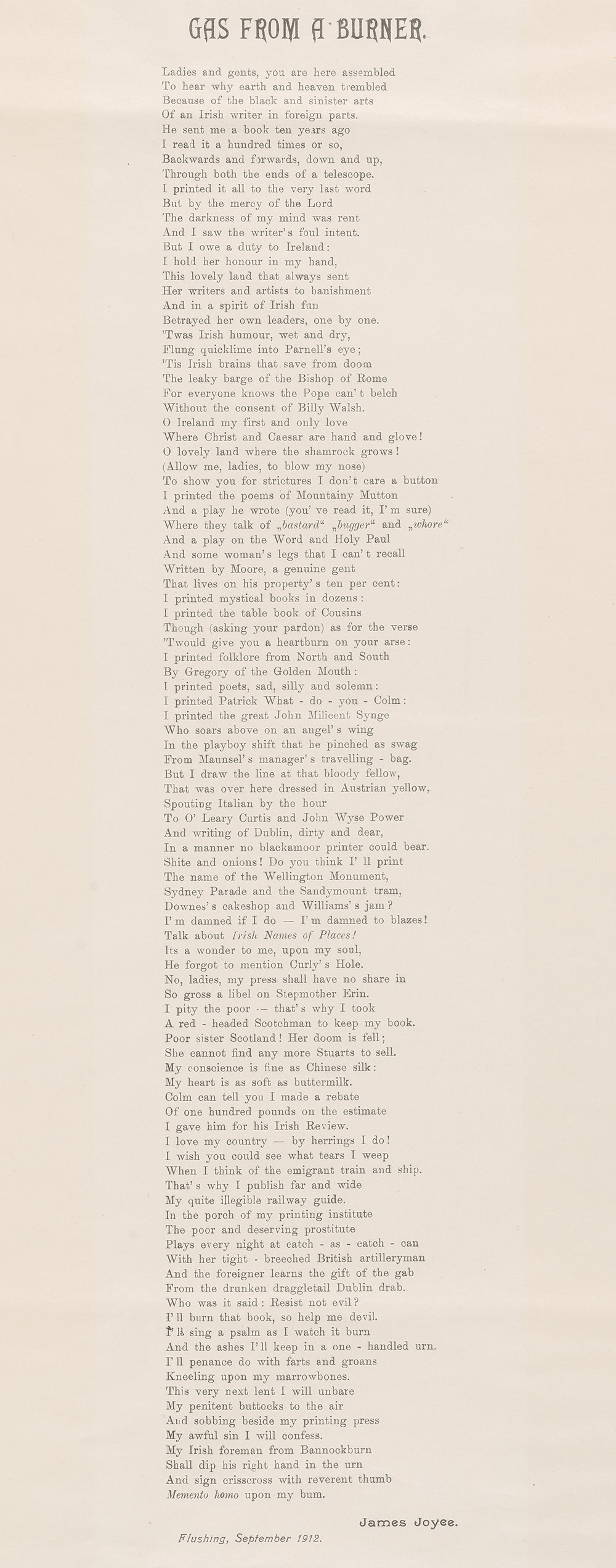 James Joyce, Gas from a Burner, (broadsheet), Flushing [Vlissingen railway station], September 1912 [The Morgan Library & Museum, New York, NY. Leabharlann Náisiúnta na hÉireann / National Library of Ireland, Baile Átha Cliath. «James Joyce Quarterly», The University of Tulsa, Tulsa, OK. © The Estate of James Joyce]