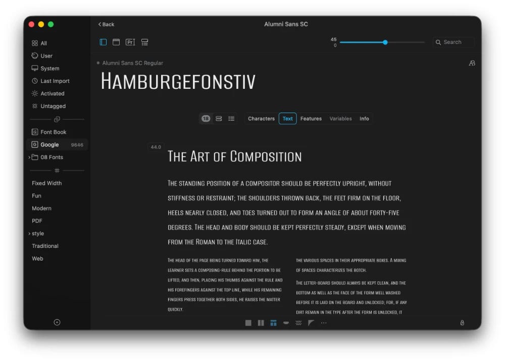 Typekit fonttimanagerit esikatselunäkymä