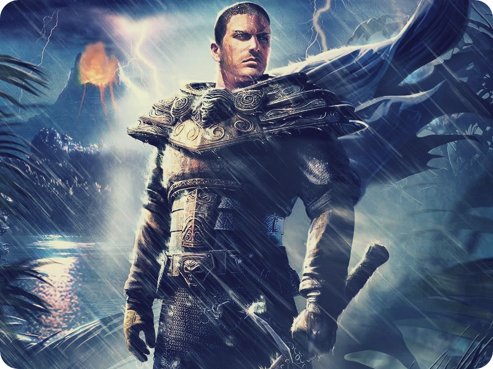 The cover image of the game Risen. The hero holding a sword. Volcano and storm in background.
