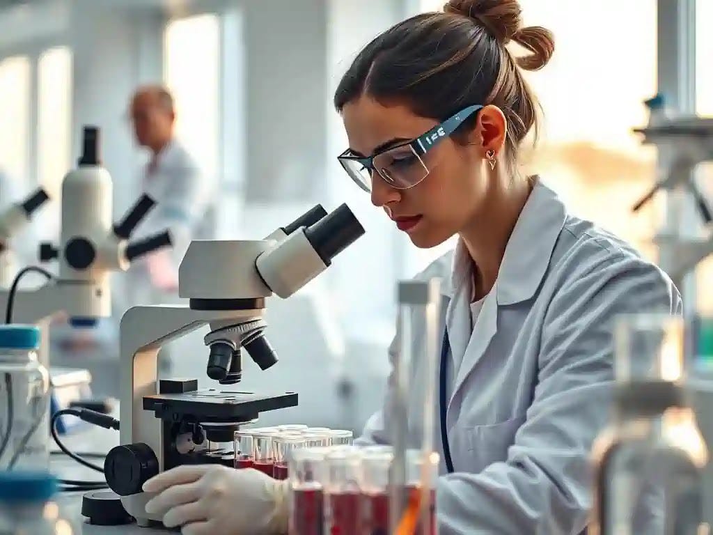 A hematologist studies blood samples in a lab setting.
