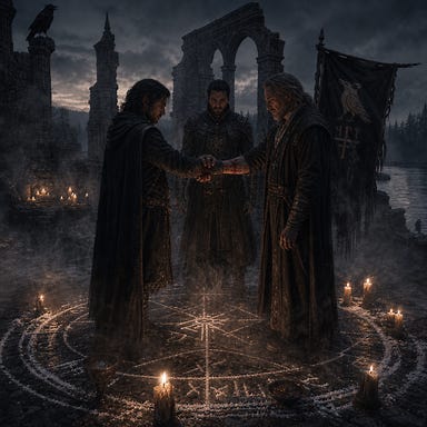 Ritual scene at the Raven River ruins where Arturi and Van Richten become blood brothers. They stand within a glowing warding circle of salt and runes, mist swirling around them. Clarion watches solemnly nearby. The air is heavy with Barovian twilight, candlelight flickering on their faces as they clasp forearms in the blood rite. Gothic, somber, sacred atmosphere.