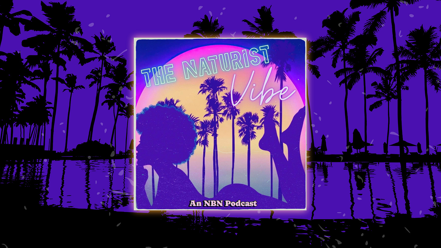 A podcast graphic featuring the cover art for 'The Naturist Vibe.' The central square image displays a silhouette of a person with an afro reclining against a retro, synthwave-style sunset gradient of pink and yellow, surrounded by palm trees. The text reads 'THE NATURIST Vibe' in stylized neon lettering, with 'An NBN Podcast' at the bottom. The central image is superimposed over a background of dark purple palm tree silhouettes reflecting in water.