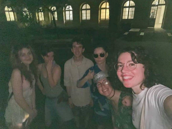 Us Cambridge students with our French friends dressed in summer outfits for the beach party