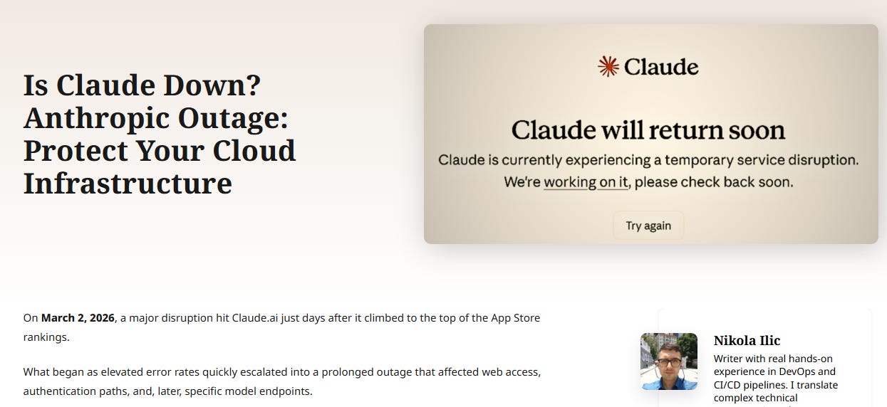 Deployflow article header "Is Claude Down? Anthropic Outage" beside the Claude.ai error page reading "Claude will return soon," documenting the March 2, 2026 service disruption