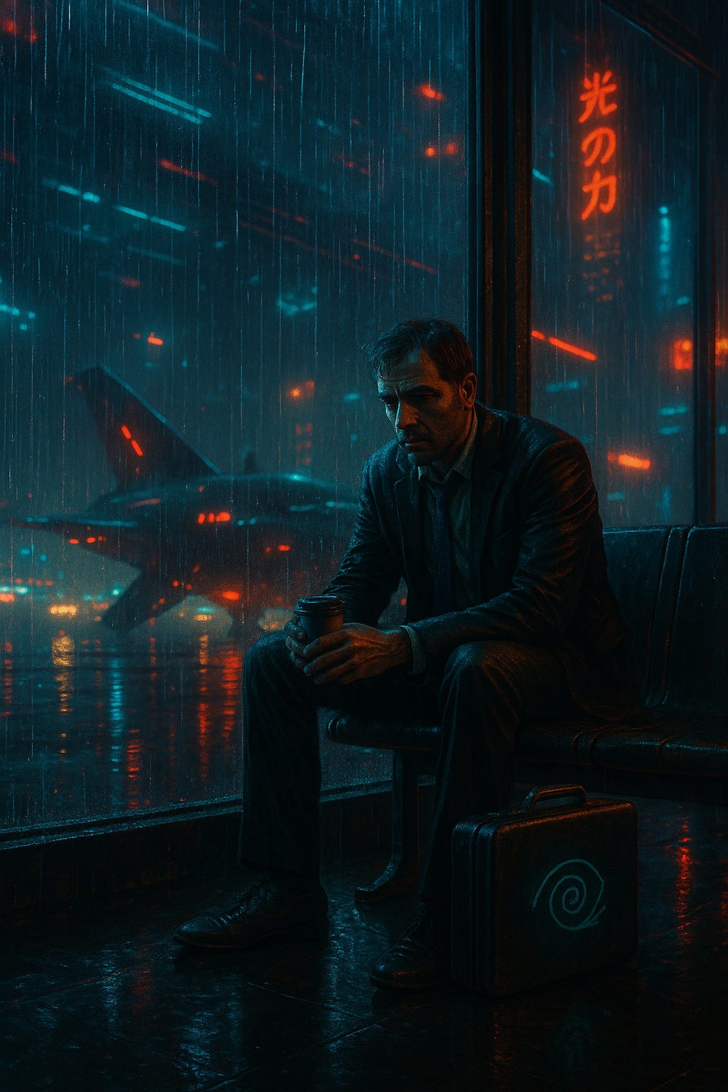 A tired man in a rain-soaked cyberpunk airport sits on a metal bench holding a coffee, illuminated by blue and red neon light. Outside the window, futuristic angular aircraft wait on a wet tarmac under heavy rain. A small spiral-eye sigil is marked on the black briefcase at his feet.