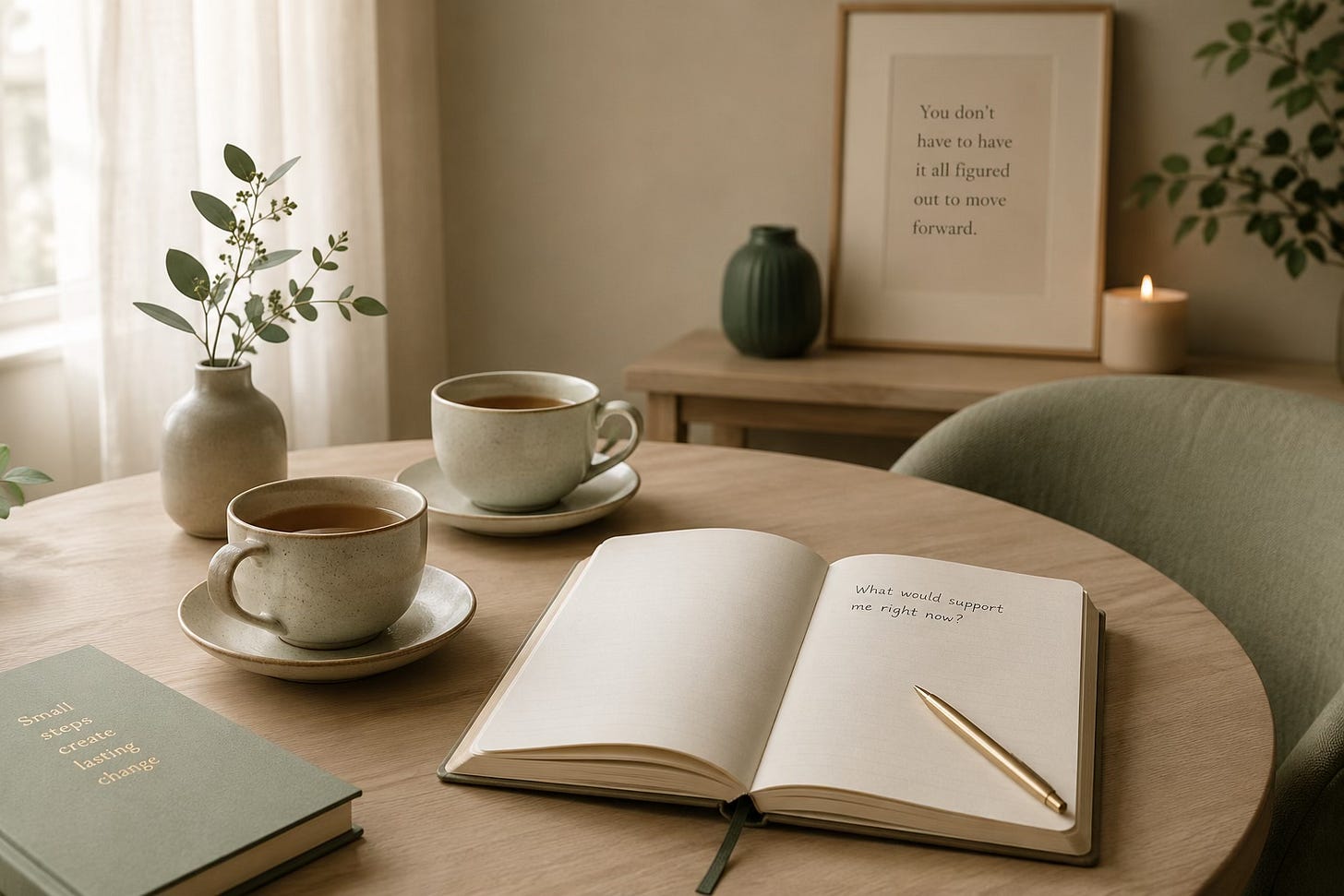 Two cups of tea and an open notebook in a calm setting, suggesting gentle private support.