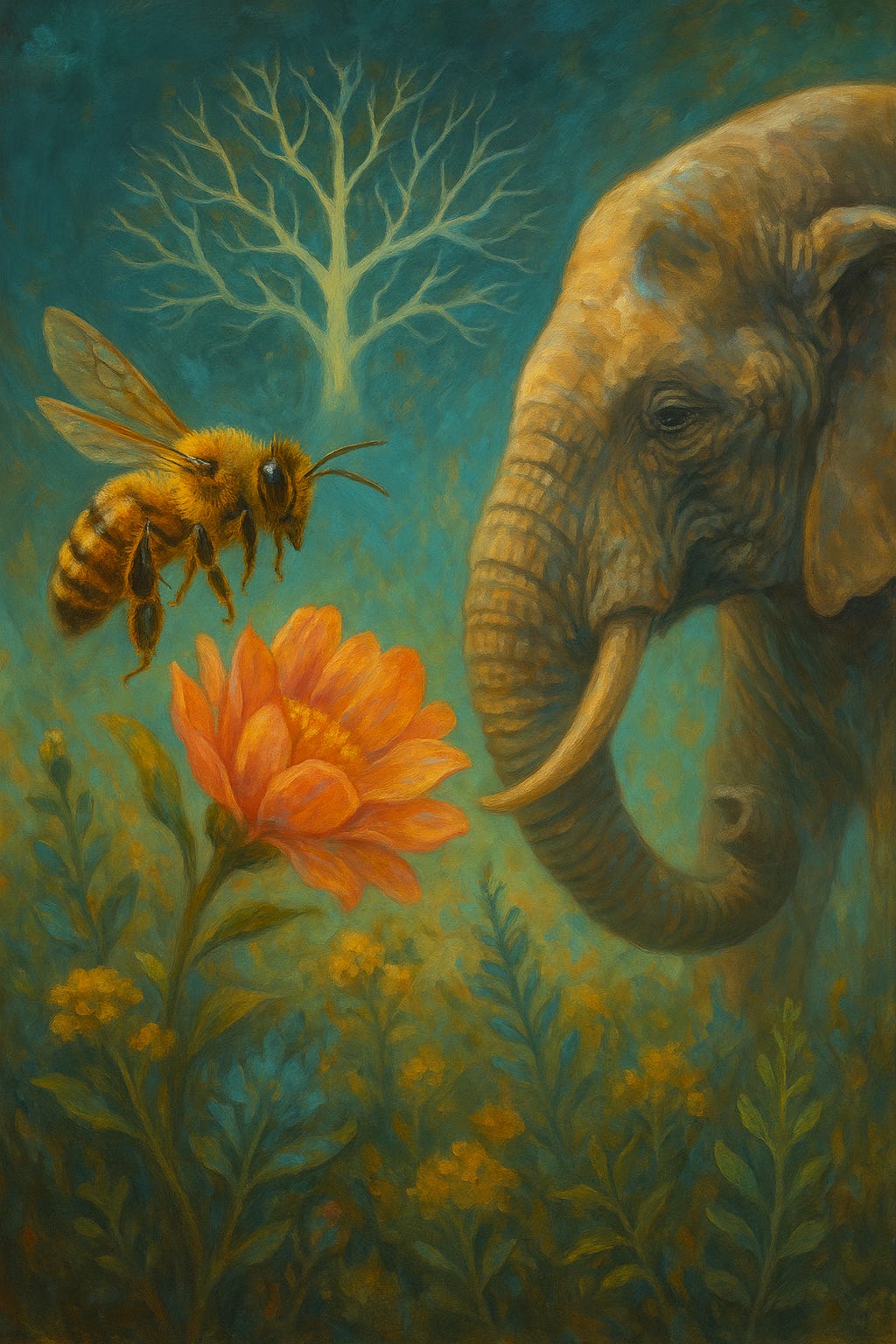 A honeybee hovers near an orange flower as an elephant watches nearby, surrounded by lush green plants and a glowing, tree-like pattern in the background. The scene symbolises interspecies connection and natural language beyond words. A honeybee hovers near an orange flower as an elephant watches nearby, surrounded by lush green plants and a glowing, tree-like pattern in the background. The scene symbolises interspecies connection and natural language beyond words.