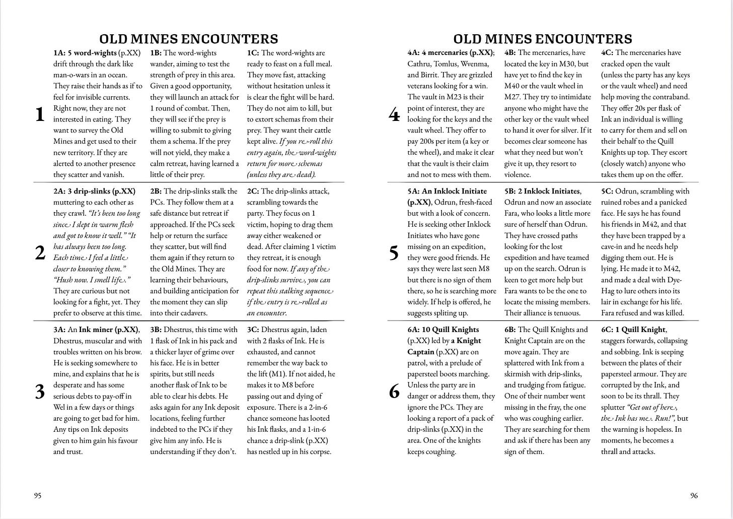 A double spread from a ttrpg adventure containing 6 encounter sequences.