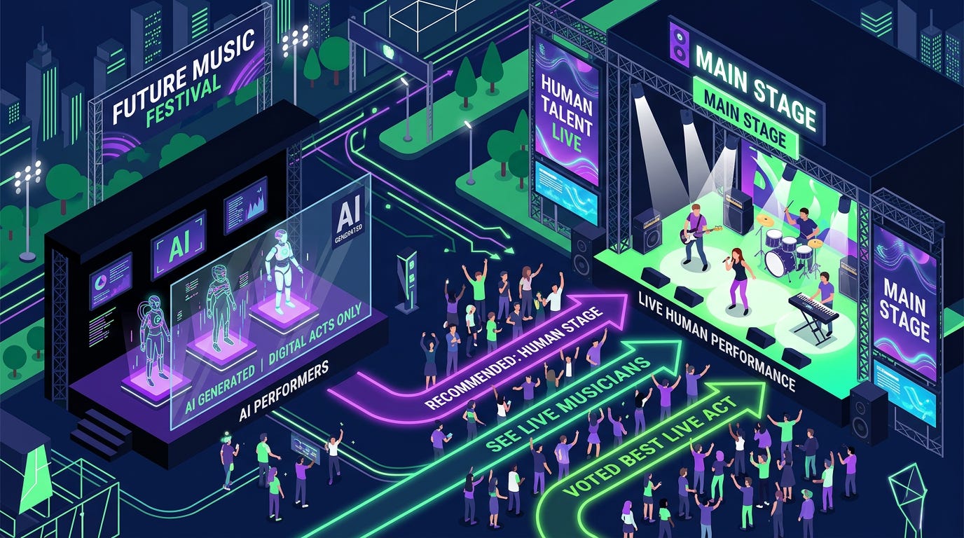 Flat isometric illustration of a futuristic music stage with glowing AI performers standing behind a transparent barrier while human musicians perform under bright spotlights, recommendation arrows redirecting toward the human stage, dark navy background, clean vector art style, neon green, purple and white color palette, modern music industry editorial aesthetic Flat isometric illustration of a futuristic music stage with glowing AI performers standing behind a transparent barrier while human musicians perform under bright spotlights, recommendation arrows redirecting toward the human stage, dark navy background, clean vector art style, neon green, purple and white color palette, modern music industry editorial aesthetic