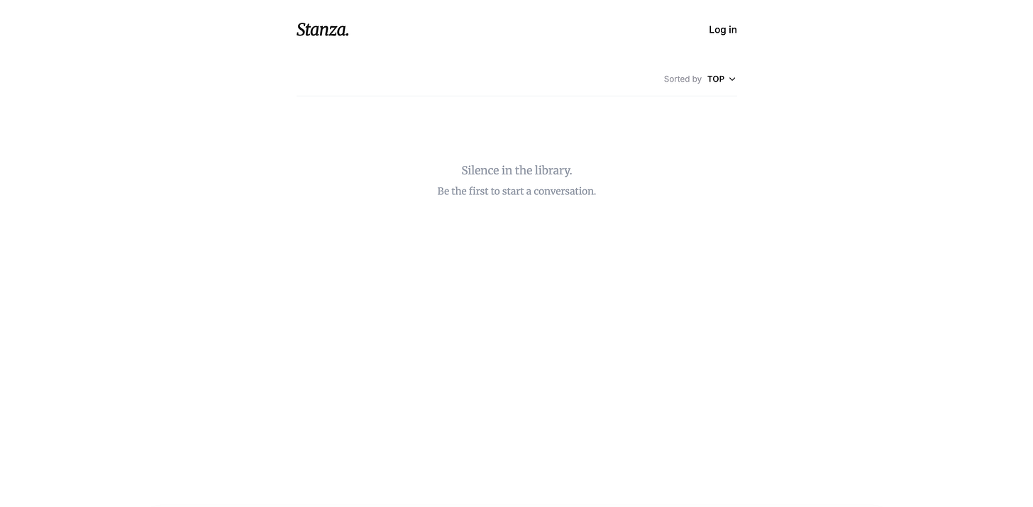 A clean web page displays the Stanza logo and an empty feed message. A clean web page displays the Stanza logo and an empty feed message.