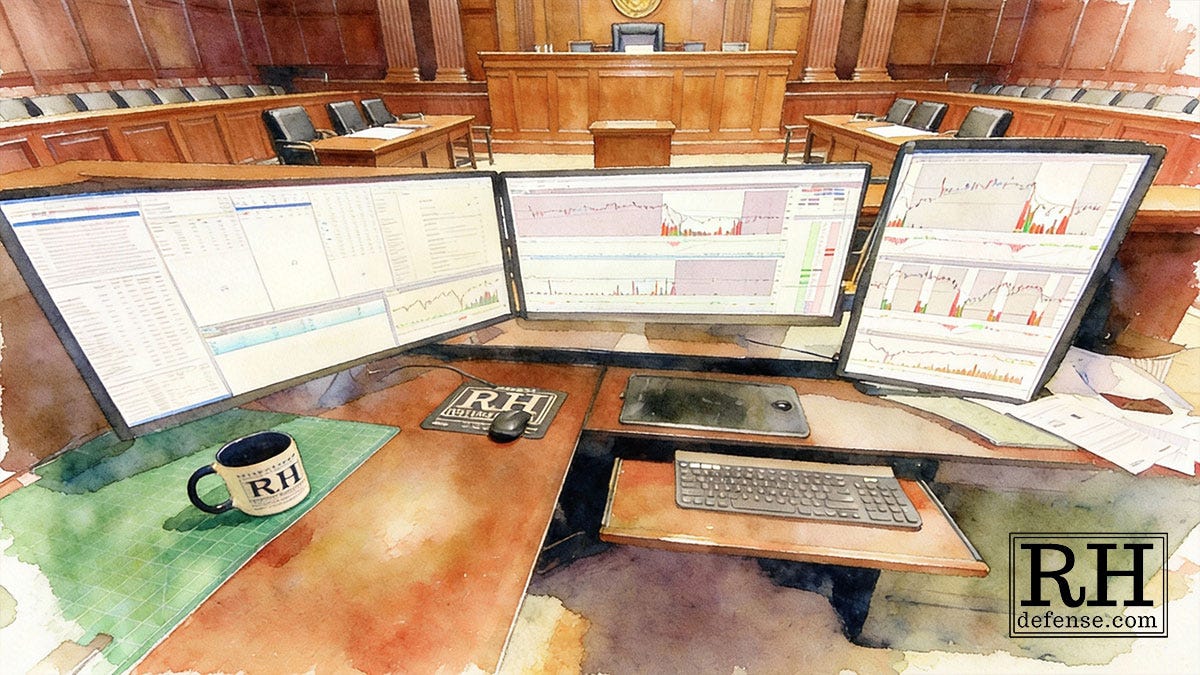 My actual trading workstation as if placed inside an empty courtroom, rendered in a watercolor style