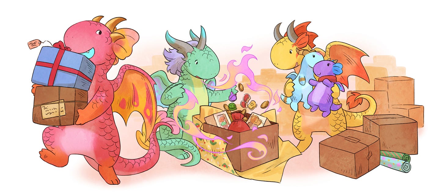 Flamecraft dragons packing up boxes with board game pieces and games