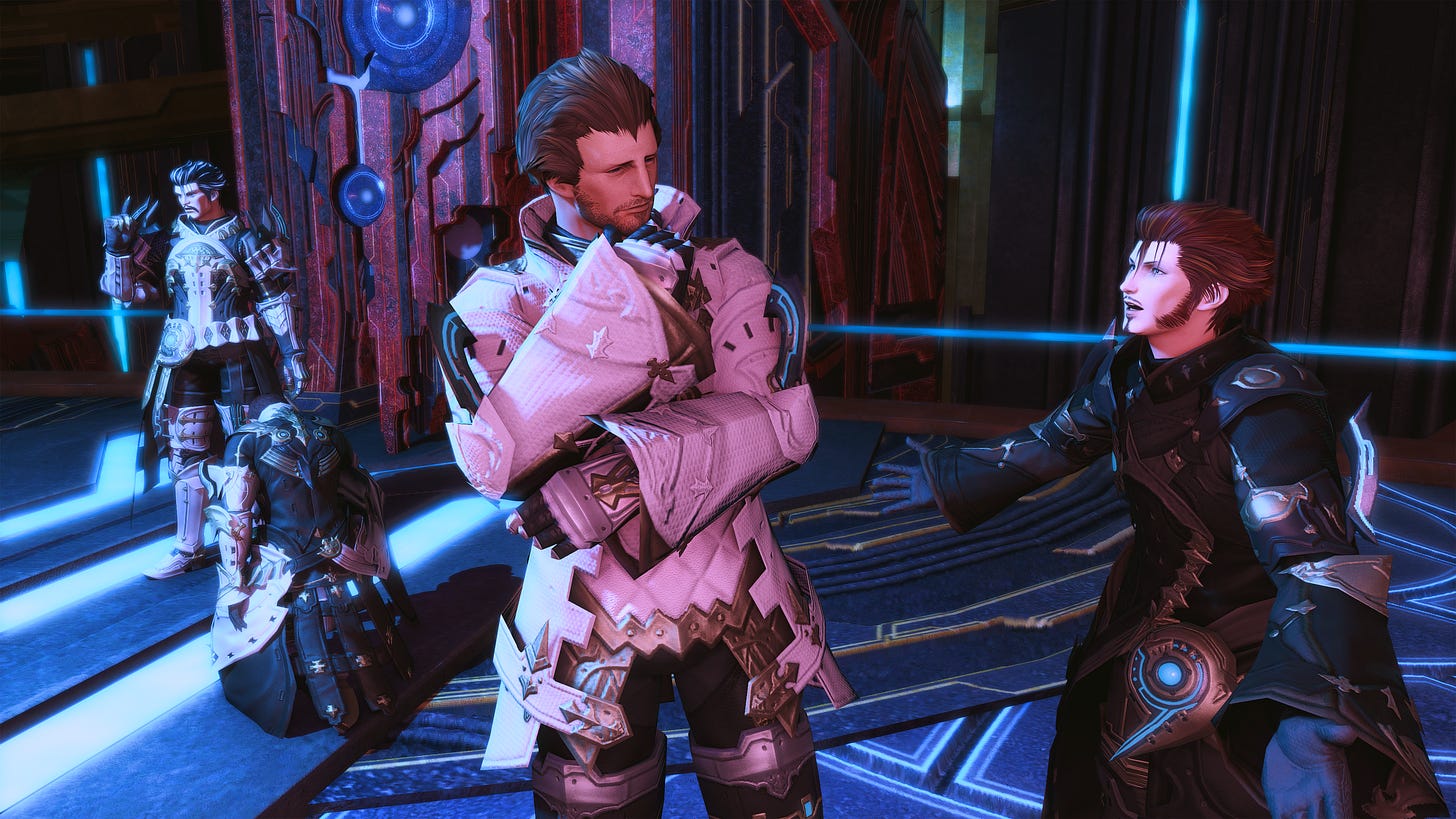 A high-resolution screenshot from Final Fantasy XIV set in an Allagan environment featuring glowing blue floor conduits and intricate, red-lit machinery in the background. In the foreground, Brwtys (left) is dressed in ornate white and gold plate armor, standing in a ponderous, reflective pose with his hand to his chin. To his right, Kasŷs, wearing dark, flowing robes with metallic accents, gestures expansively with an open hand as he speaks vociferously to Brwtys. In the distant background, the scene from Act I, Scene 2 is further illustrated: Kæsar, a muscular Highlander male in heavy silver and black armor, stands authoritatively while Ant'wyns kneels submissively on the ground before him.