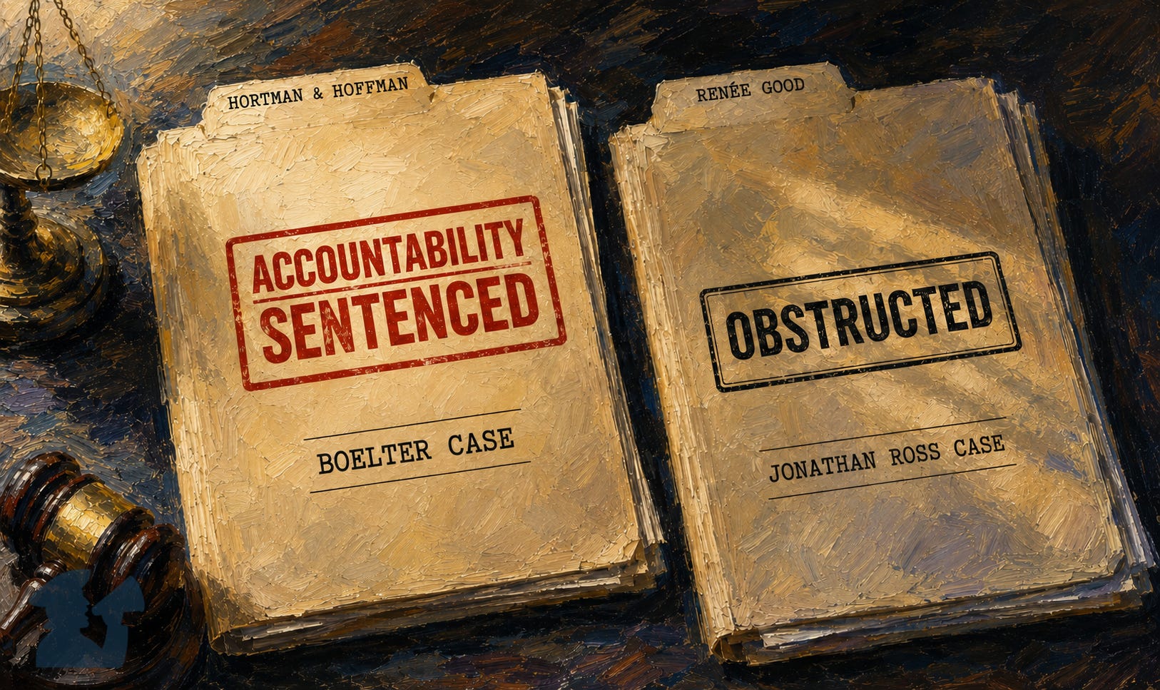 Painterly image of two legal case folders on a dark desk: one labeled Hortman & Hoffman with an Accountability Sentenced stamp and Boelter Case beneath it, the other labeled Renée Good with an Obstructed stamp and Jonathan Ross Case beneath it.