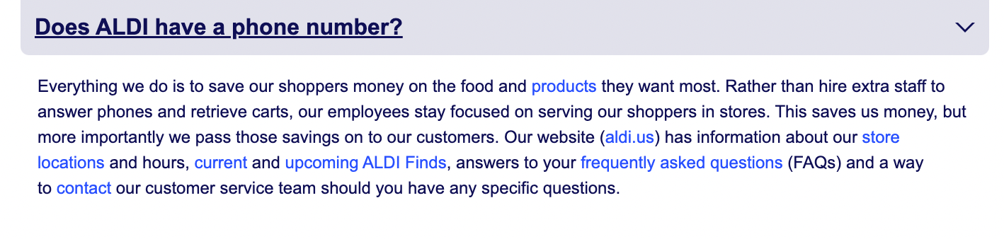 A screenshot from an FAQ section of the Aldi website, where it explains that they have no phone number to save money.