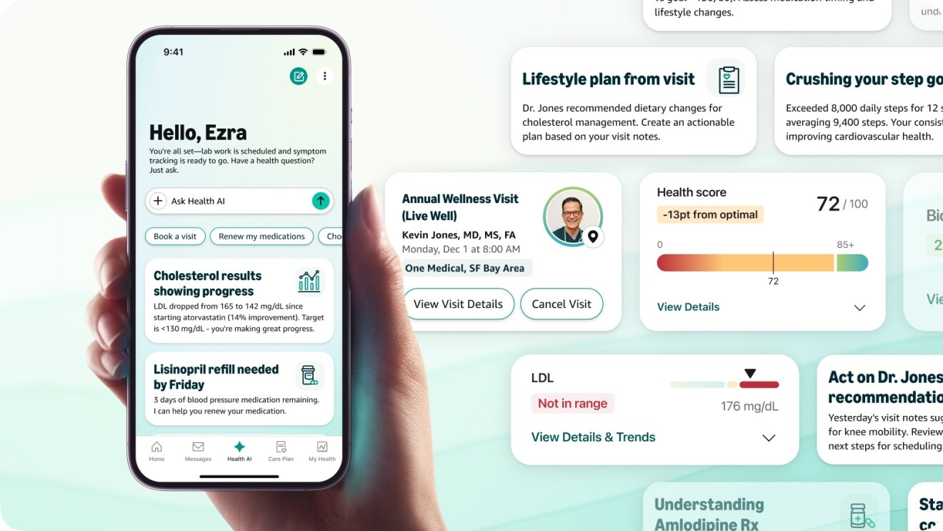 Tela do aplicativo Amazon One Medical com o novo assistente de IA para saúde e detalhes da próxima consulta médica. Tela do aplicativo Amazon One Medical com o novo assistente de IA para saúde e detalhes da próxima consulta médica.