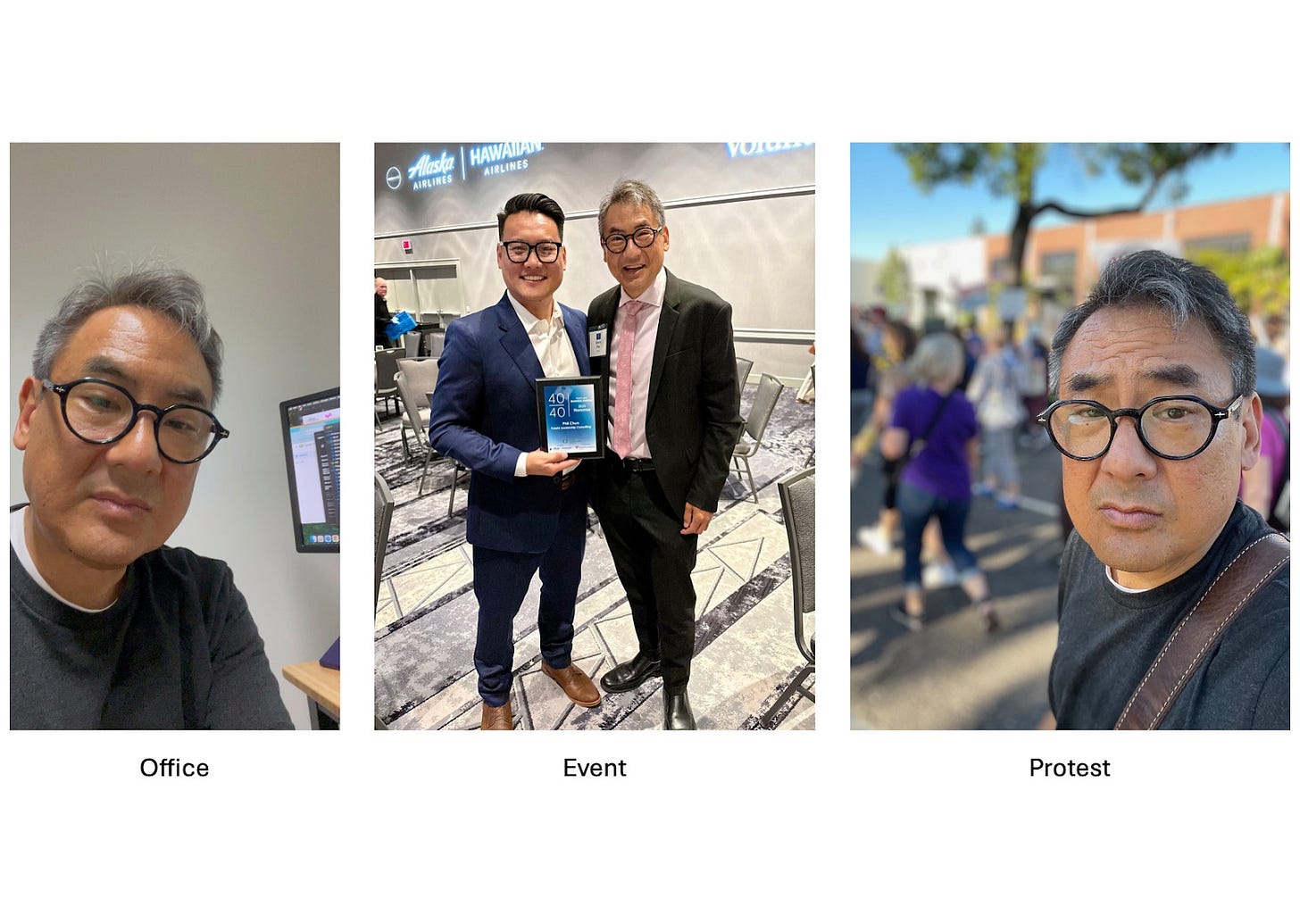 Photo at office, at event, and at a protest Photo at office, at event, and at a protest