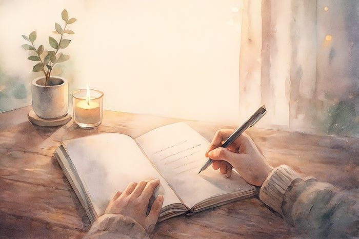 Watercolor scene of hands journaling beside a candle and plant, illustrating quiet reflection and compassionate new year intentions for sensitive people.