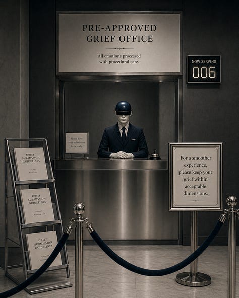 A nine-image satirical visual essay showing sleek, dark corporate and institutional interiors where signs instruct people to standardize their thoughts, revise themselves before speaking, submit unformatted thoughts, filter their tone, pre-approve authenticity, and keep grief within acceptable dimensions. The images use polished counters, velvet ropes, kiosks, chapel-like rooms, waiting areas, and bureaucratic signage to portray emotional and creative expression being managed, reviewed, and controlled.