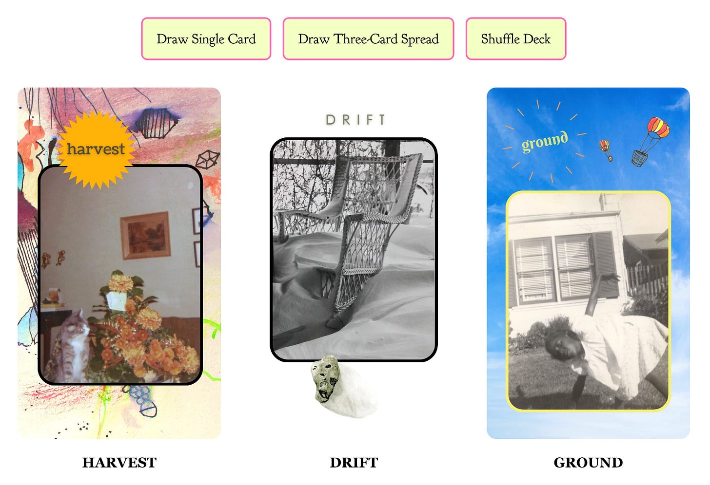 a screenshot of three colorful cards: the first says HARVEST and shows a vintage snapshot of a cat with a bouquet of flowers; the second is called DRIFT and shows a snow drift that has overtaken a wicker chair; the third is called GROUNd and shows a young child mid-cartwheel