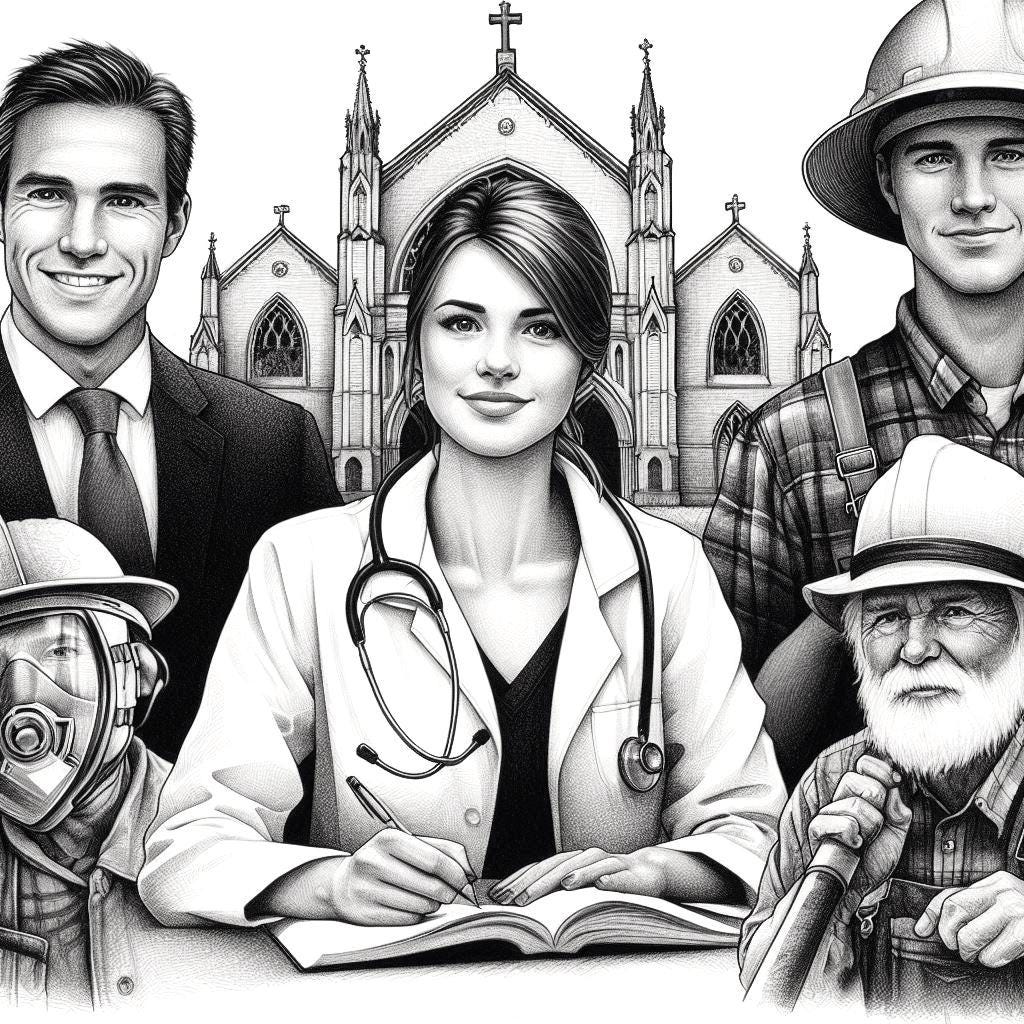 Pen an ink drawing of various professions