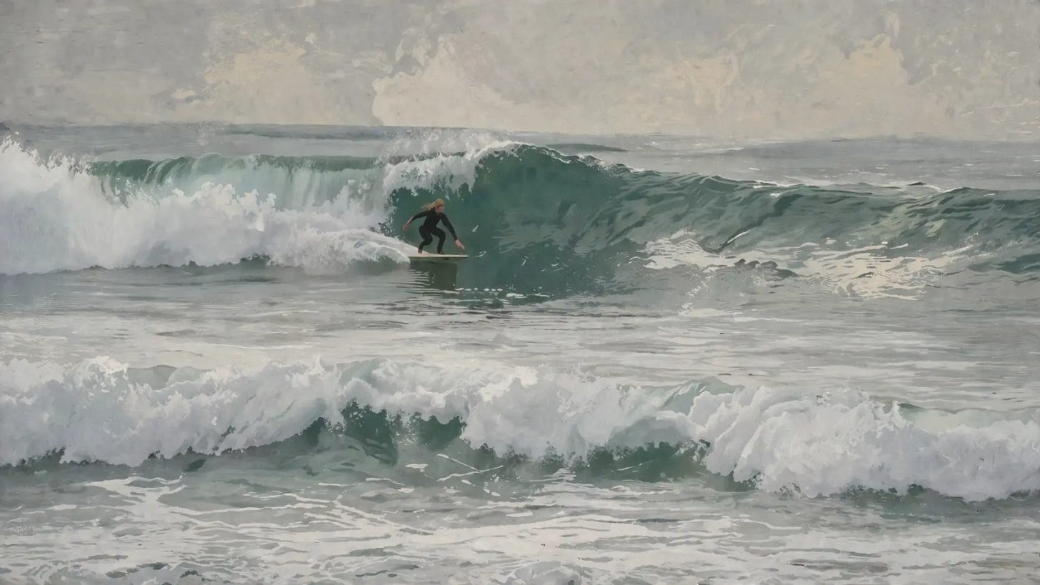 Painting of a blond surfer riding a green wave at Torrey Pines Beach in San Diego, CA, surrounded by white chop and gray mist.