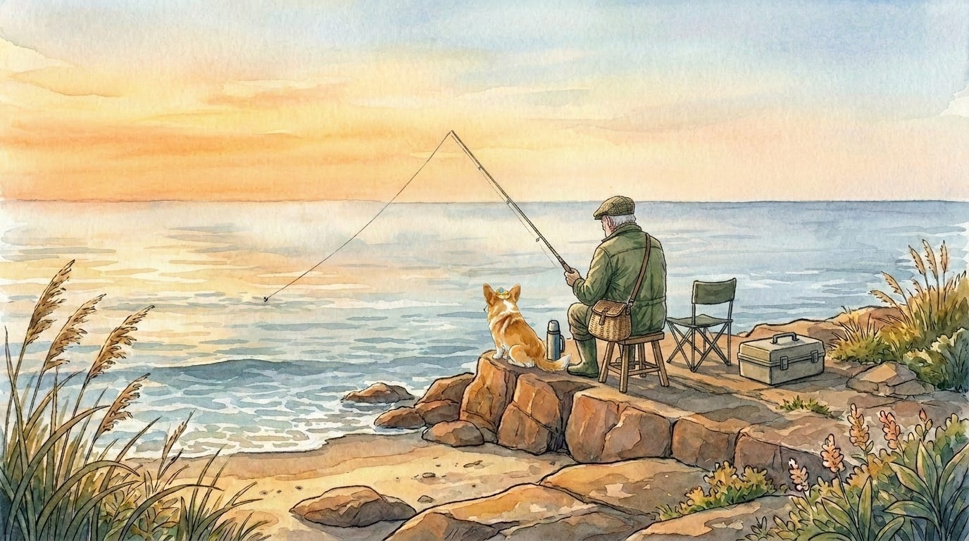 Prince Freddie sits quietly beside the old fisherman at the end of the beach — sleepcast scene.