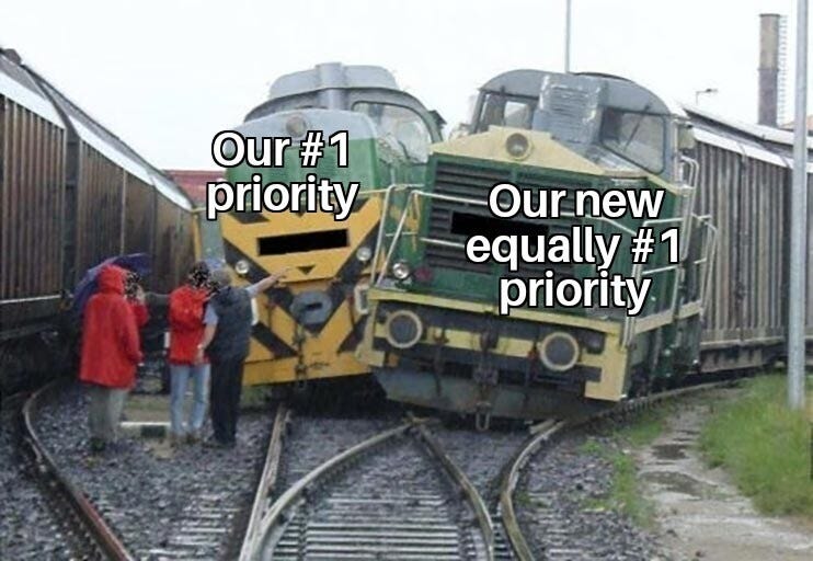 project management meme: a train wreck happening because of two competing priorities : Second Language Strategies