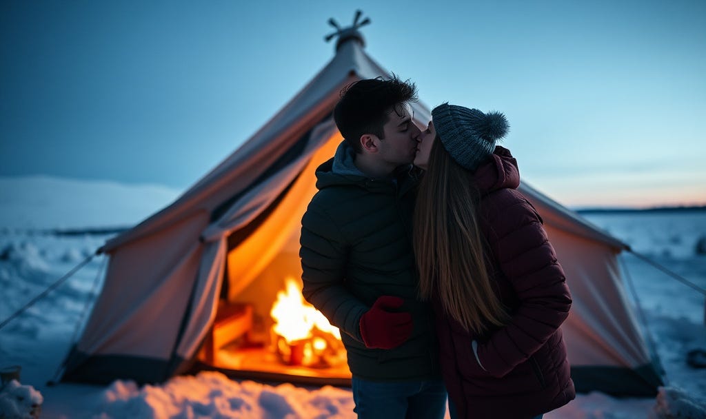 A young couple kissing passionately outside their tent in snow