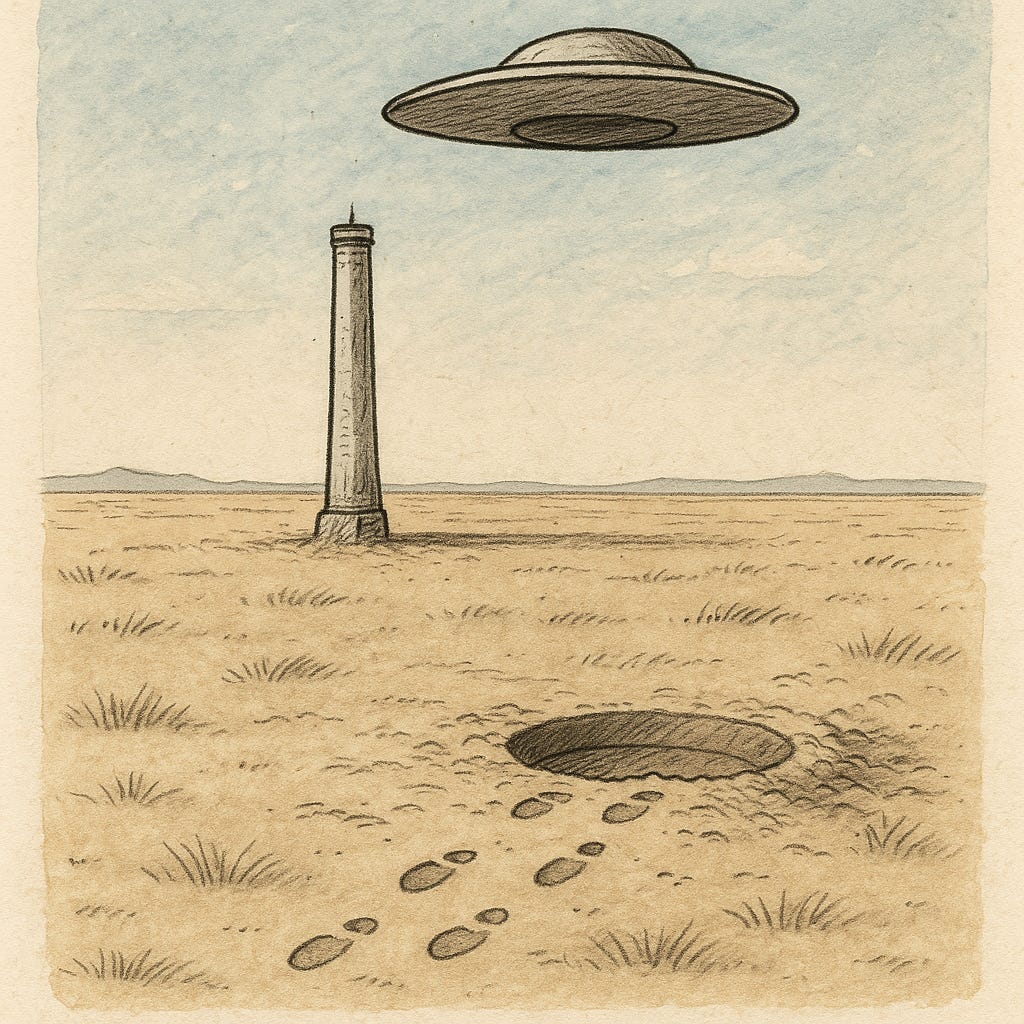 Sepia-toned illustration showing a slender tower standing on barren ground with a disc hovering above. In the foreground, a circular hole in the ground is visible with footprints leading toward it.