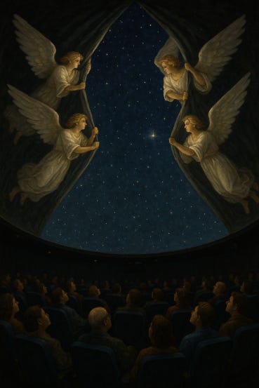 The Apocalypse in a Planetarium: the Real Sky Is Revealed … An AI-generated image showing angels pulling back the roof of a planetarium and giving those seated inside a view of the real sky.