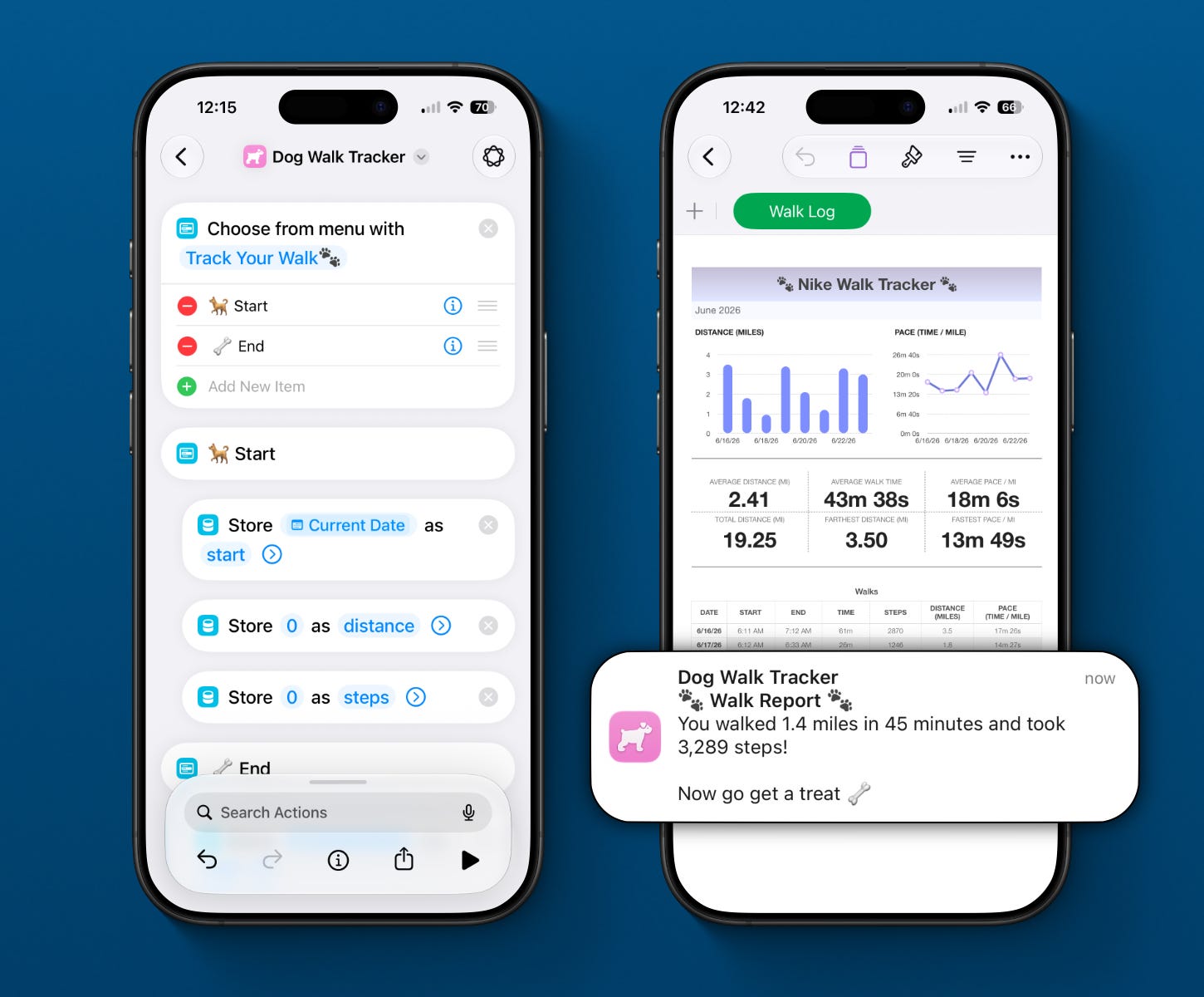 Two iPhones demonstrate an iOS 27 Shortcut that tracks dog walks. The left screen shows a Shortcut using the new Store Content action to save a walk's start time, distance, and steps. The right screen displays a Numbers dashboard with walk statistics, charts, and a notification summarizing the completed walk. Two iPhones demonstrate an iOS 27 Shortcut that tracks dog walks. The left screen shows a Shortcut using the new Store Content action to save a walk's start time, distance, and steps. The right screen displays a Numbers dashboard with walk statistics, charts, and a notification summarizing the completed walk.