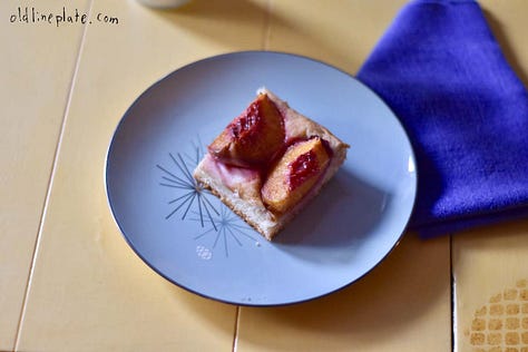 photos of peach cake dough rise and sliced peaches