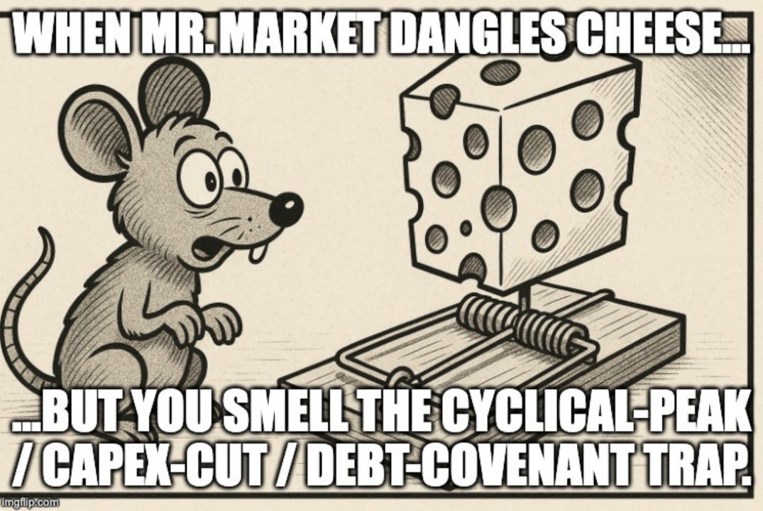 Cartoon meme of a mouse staring at cheese on a mousetrap with the caption “When Mr. Market dangles cheese… but you smell the cyclical-peak / capex-cut / debt-covenant trap.” Used in Beating The Tide to illustrate the risks behind high free cash flow yield, value traps, and stock investing analysis.