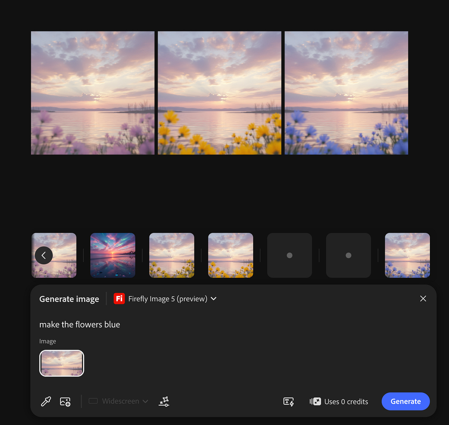 A screenshot of Adobe Firefly Image 5 generating three versions of the same sunset photo, each with different flower colors (purple, yellow, and blue). The scene composition stays identical across all three, demonstrating Firefly’s pixel-preserving consistency.