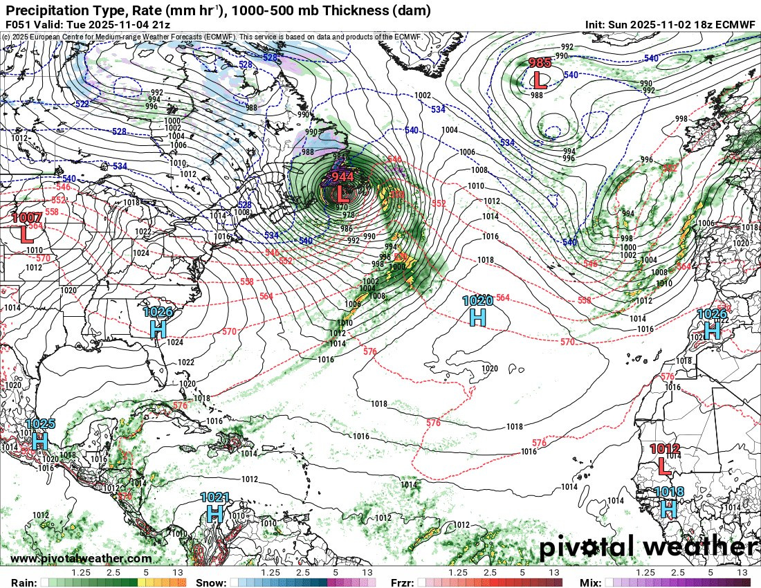 May be a graphic of map and text that says 'Precipitation Type, Rate (mm hr'), 1000-500 mb Thickness (dam) F051 Valid: 2025-1 1-04 Centrefo Weather Forecasts (ECMWF) 35 based data products ofthe CMWF Init: Sun 2025- 2025-11-02 18z ECMWF L 988 010 944 1010- 1012 1012- 020 1016 1018_ Η 1020 564 $7 570.. Do Rain: wwwipivo www.piyotalweather.com. tweather.com 1.25 2.5 5 13 1012 Snow: 1.25 2.5 5 13 Frzp 1.25 2.5 pivotal 5 1.25 Mix: 2.5'