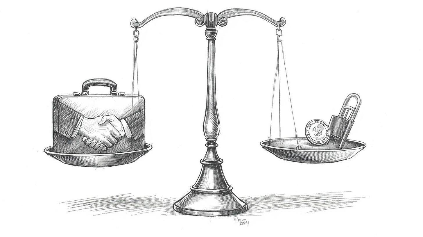 Two scales side by side, one balanced and one locked with a coin outweighing an empty chair