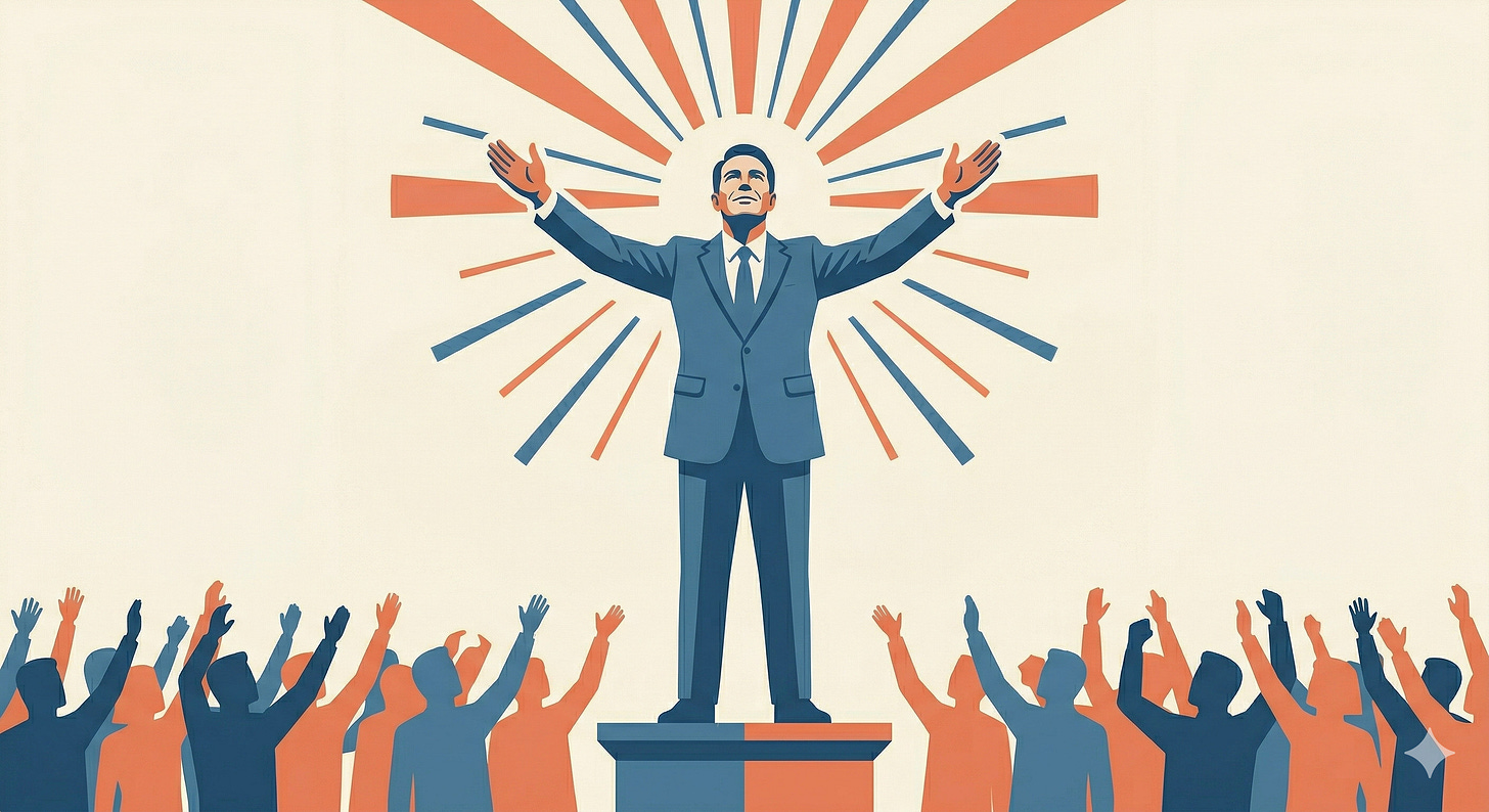 A male politician with his arms raised standing in front of a crowd of cheering workers A male politician with his arms raised standing in front of a crowd of cheering workers